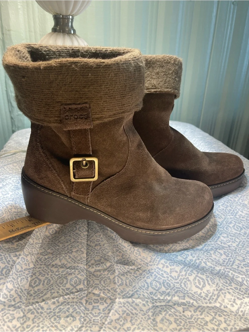 CROCS Brown Suede Wedge Ankle Boots with Knit Cuff